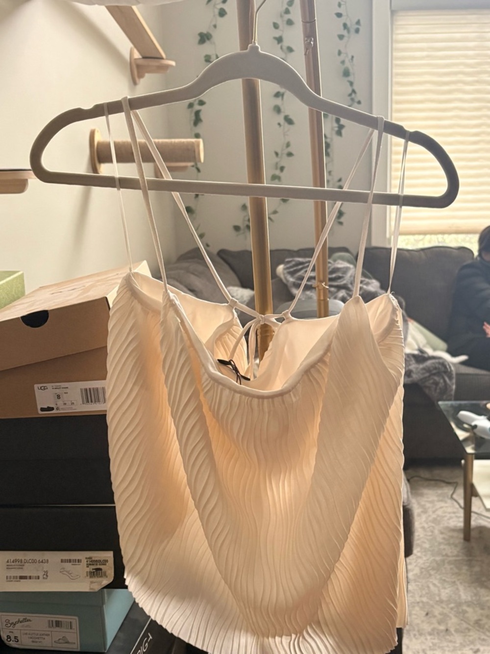 Dynamite Ivory Pleated Satin Cowl Neck Cami